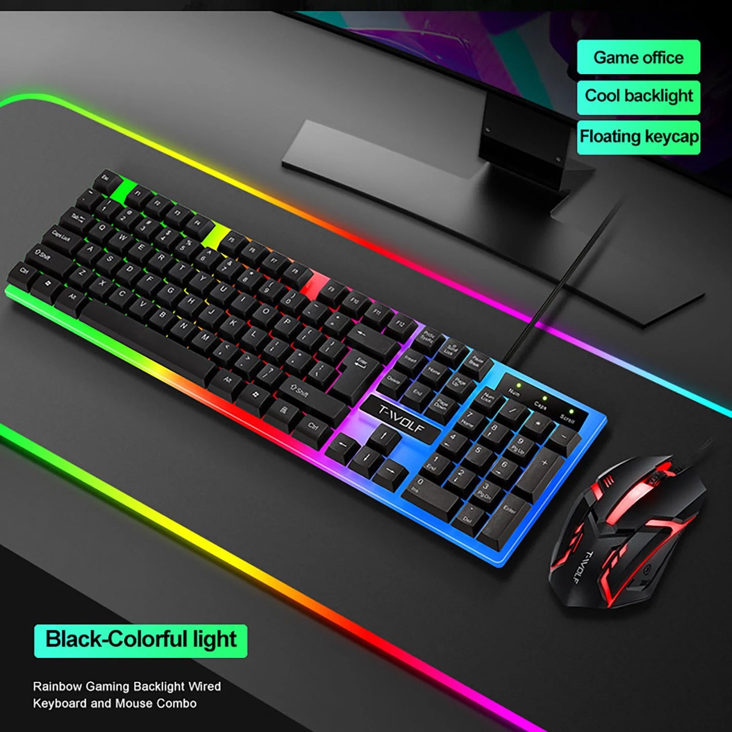 Rainbow Backlit Wired Gaming Keyboard and Mouse Kit